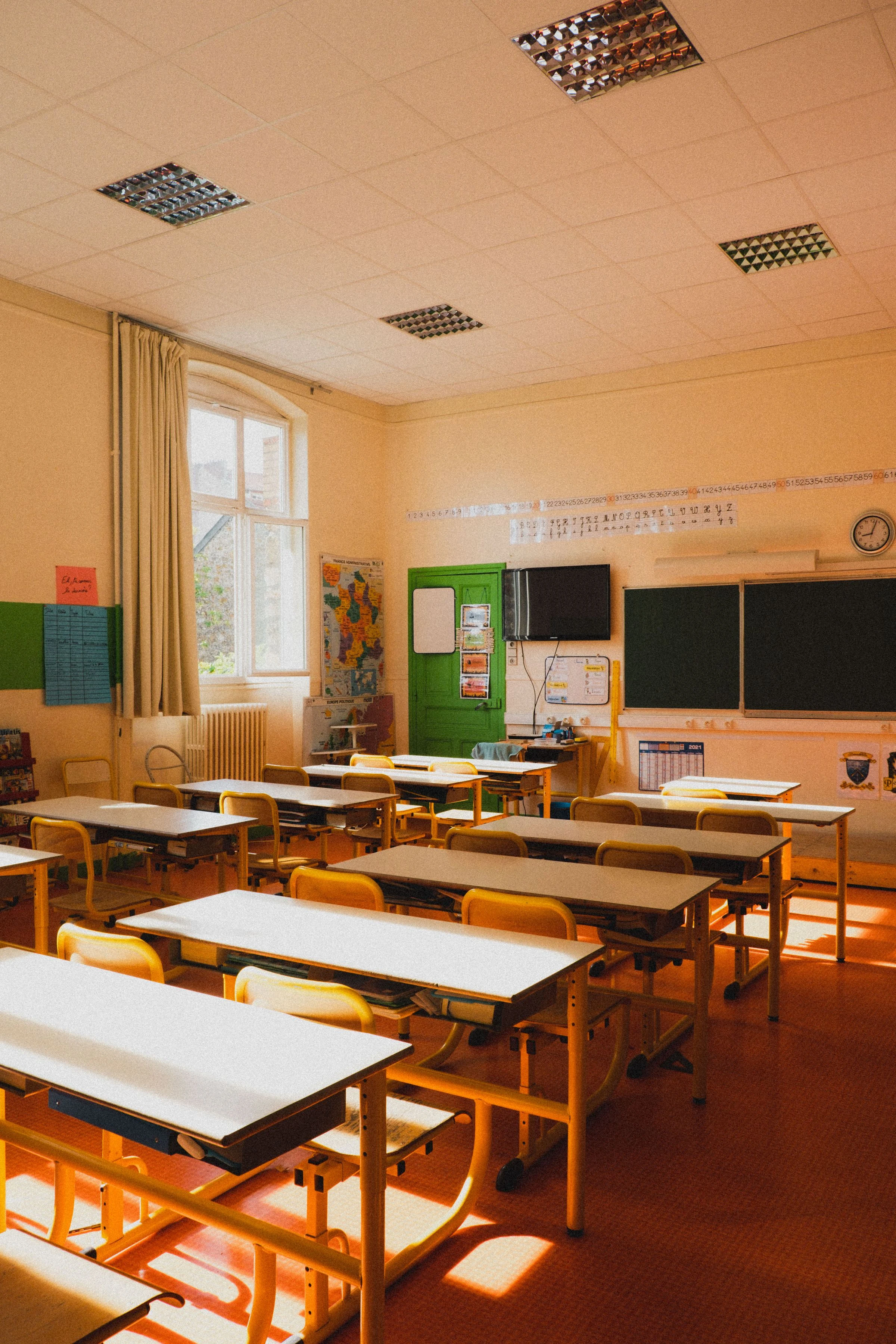 Classroom with desks and a board